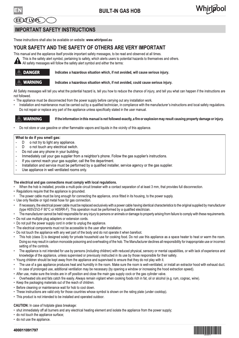 Page 1 de la notice Manuel utilisateur Whirlpool AKT 6400/WH