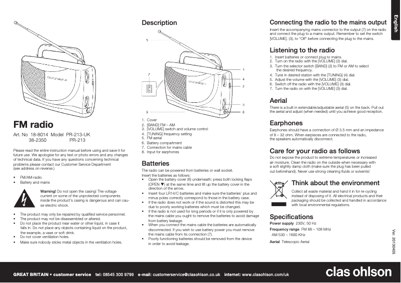 Page n°1 - Manuel utilisateur Clas Ohlson PR-213