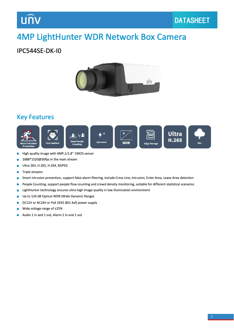 Page 1 de la notice Fiche technique UniView IPC544SE-DK-I0