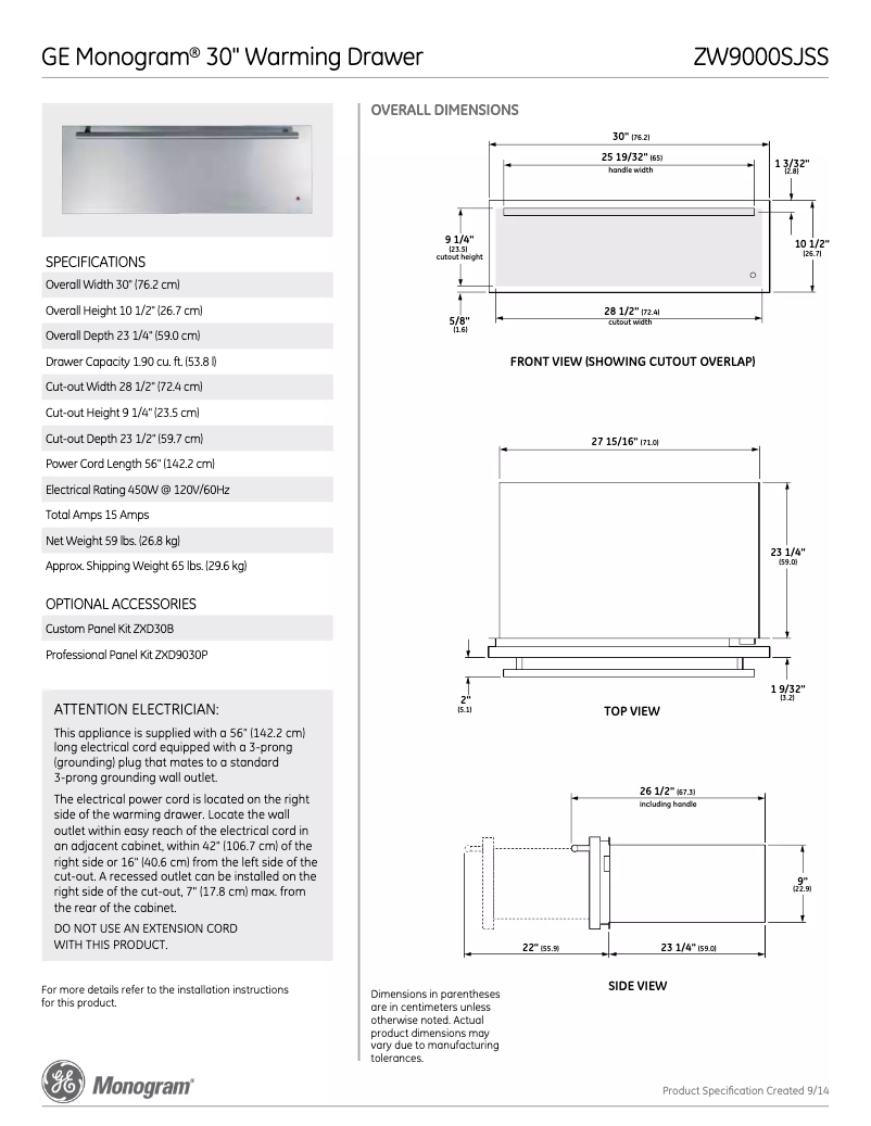 Page n°1 - Fiche technique Monogram ZTW900SSN
