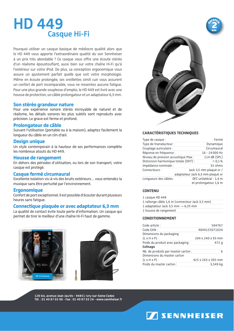 Page 1 de la notice Fiche technique Sennheiser HD 449