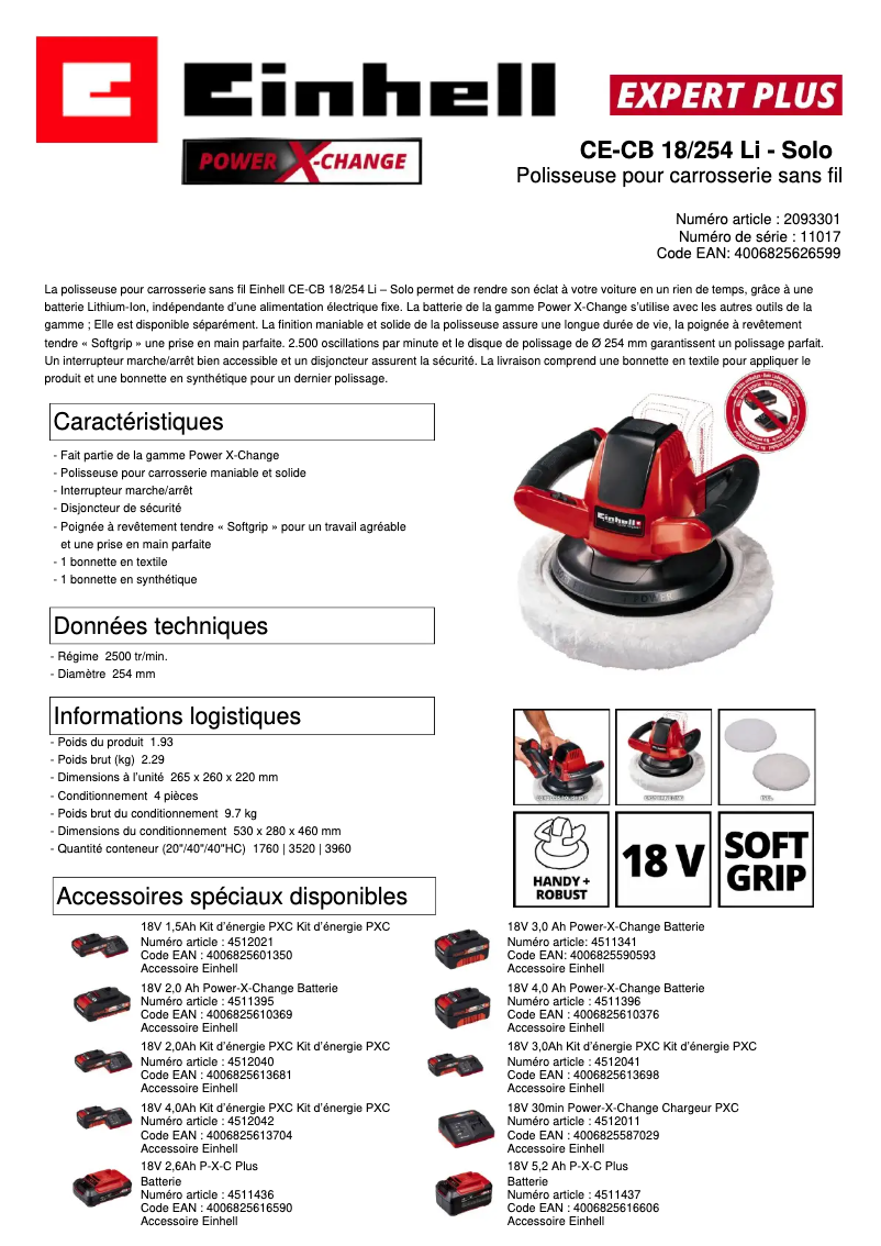 Page 1 de la notice Fiche technique Einhell CE-CB 18/254 Li-Solo