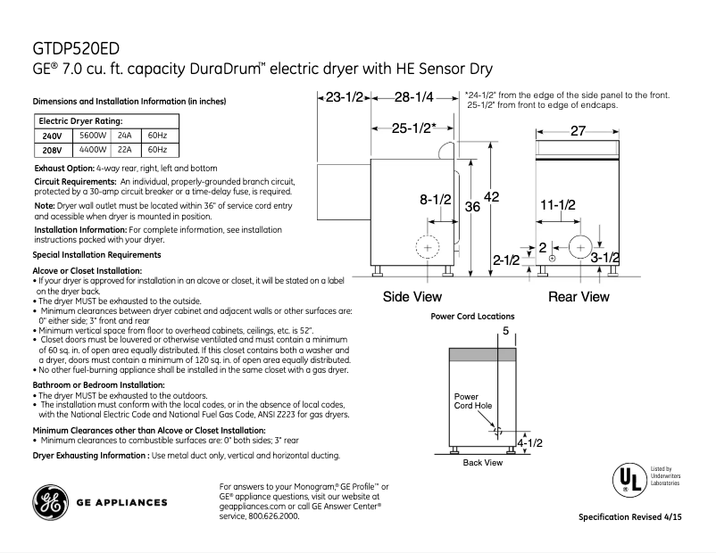 Page 1 de la notice Fiche technique GE GTDP520EDWW