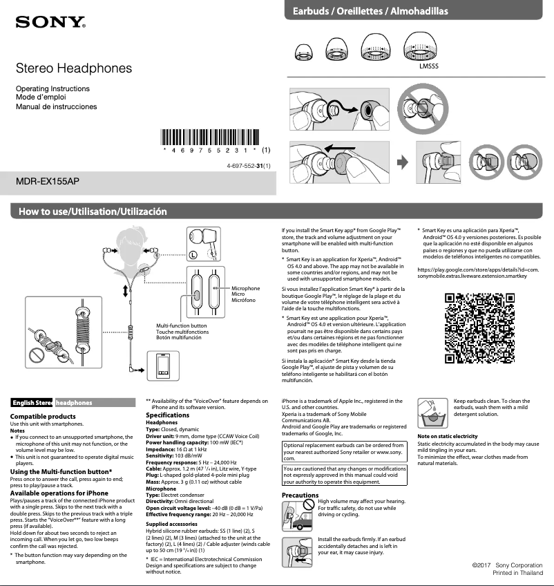Page 1 de la notice Manuel utilisateur Sony MDR-EX155AP
