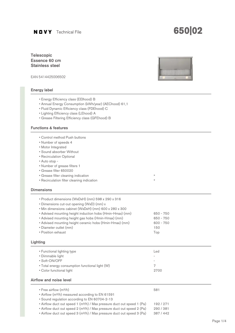 Page 1 de la notice Fiche technique Novy Telescopic Basic 650