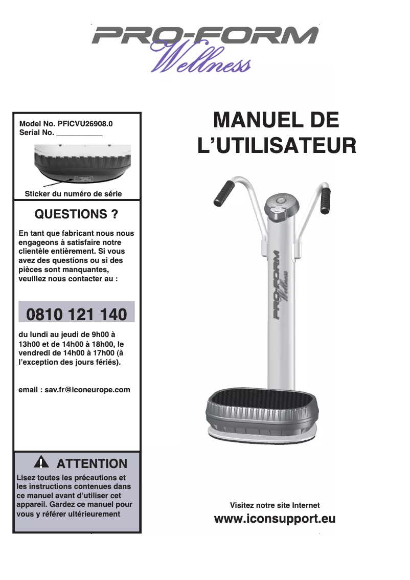 Page n°1 - Manuel utilisateur Pro-form PFICVU26908.0