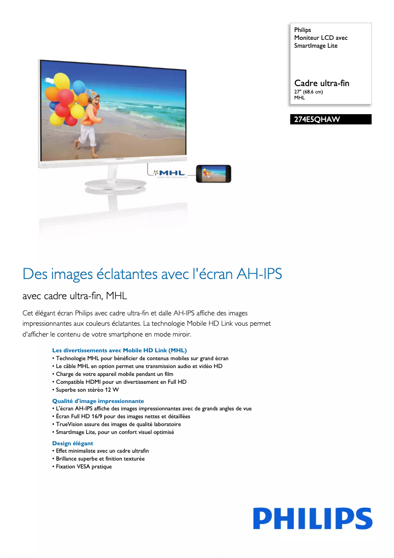 Página 1 del manual Ficha técnica Philips 274E5QHAW