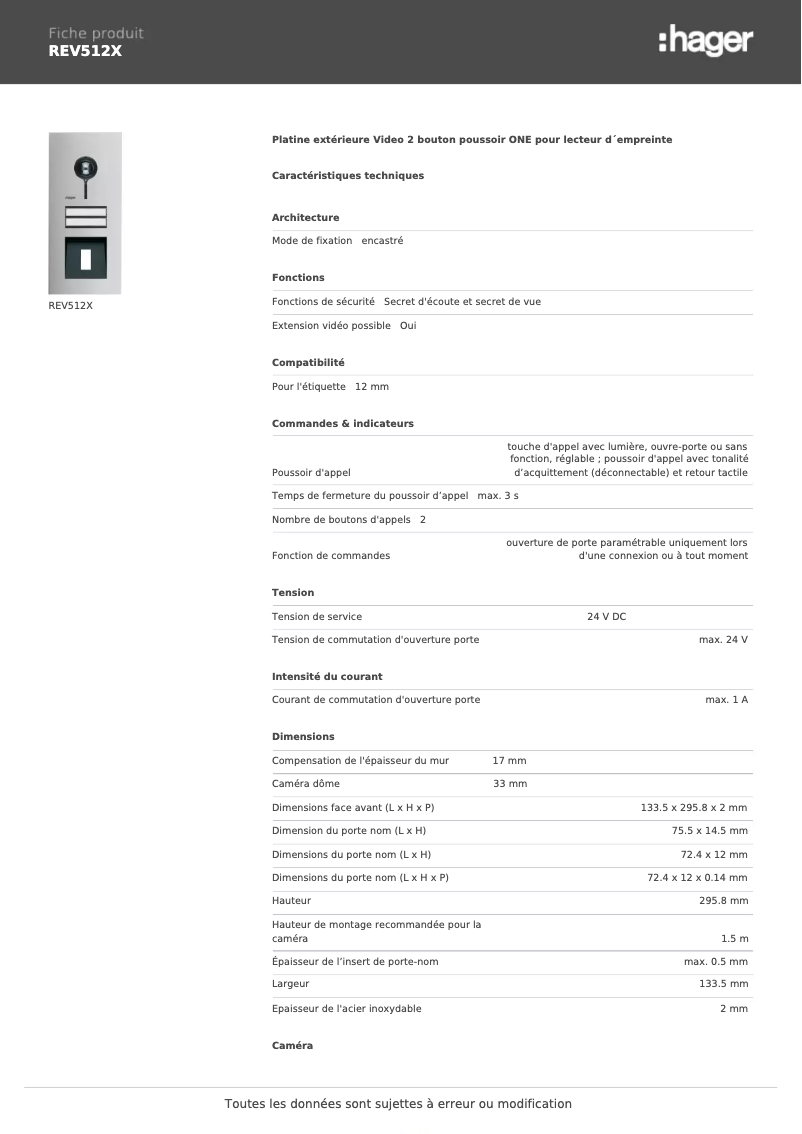 Page 1 de la notice Fiche technique Hager REV512X