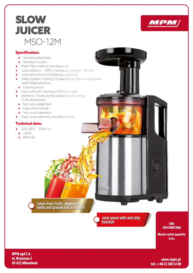 Page 1 de la notice Fiche technique MPM MSO-12M