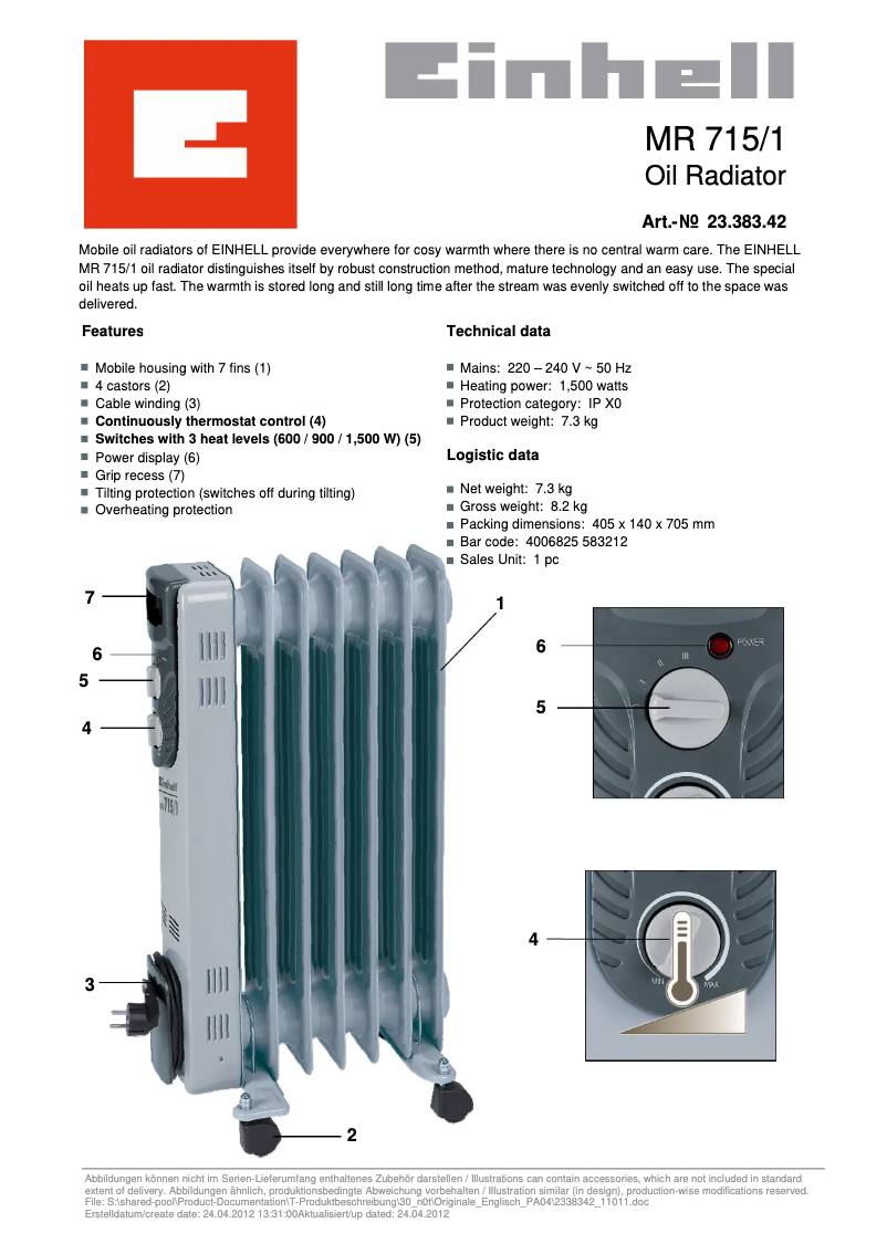 Page 1 de la notice Manuel utilisateur Einhell MR 715/1