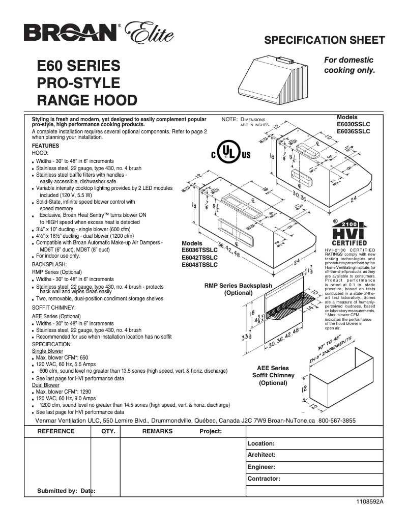 Page 1 de la notice Fiche technique Broan Elite E6036S