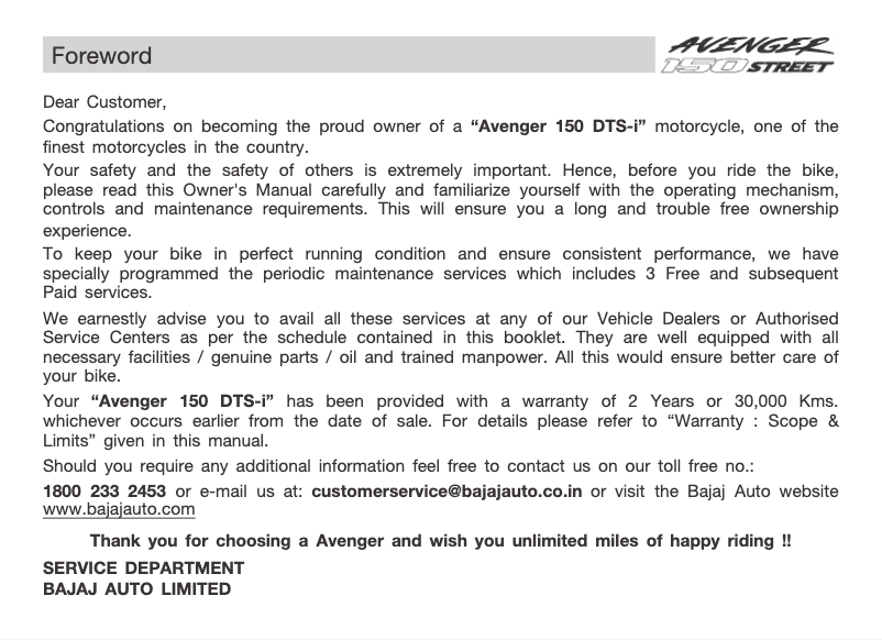 Página 1 del manual Manual de usuario Bajaj Avenger 150 Street