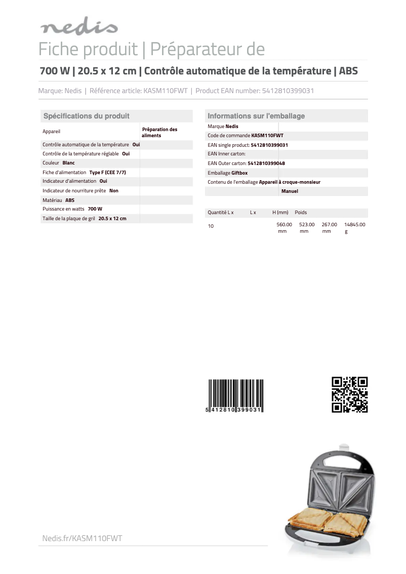 Page 1 de la notice Fiche technique Nedis KASM110FWT