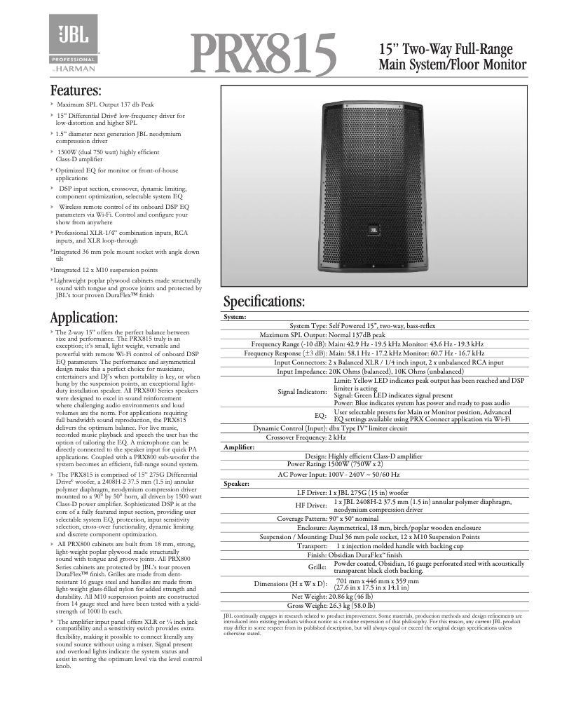 Page 1 de la notice Fiche technique JBL PRX815