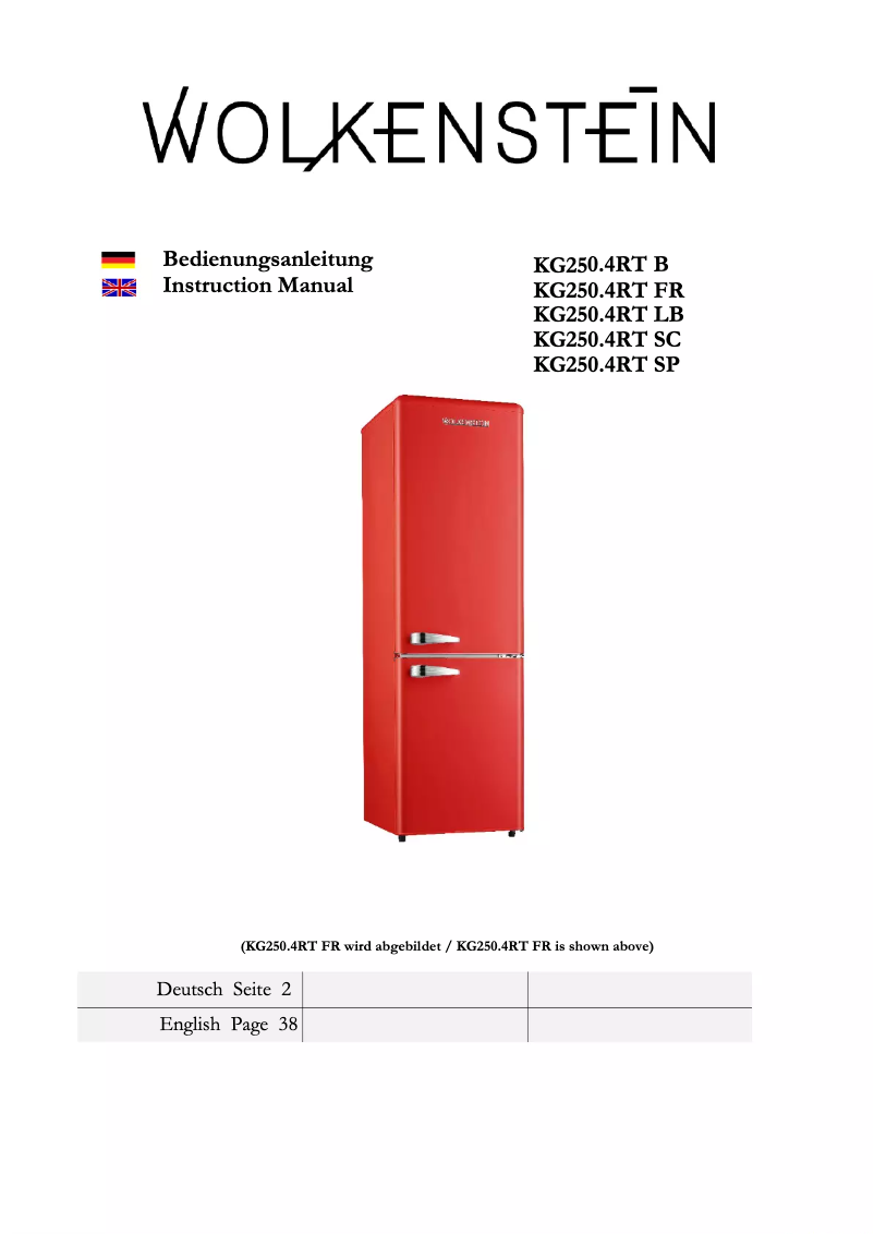 Page 1 de la notice Manuel utilisateur Wolkenstein KG250.4RT SP A++