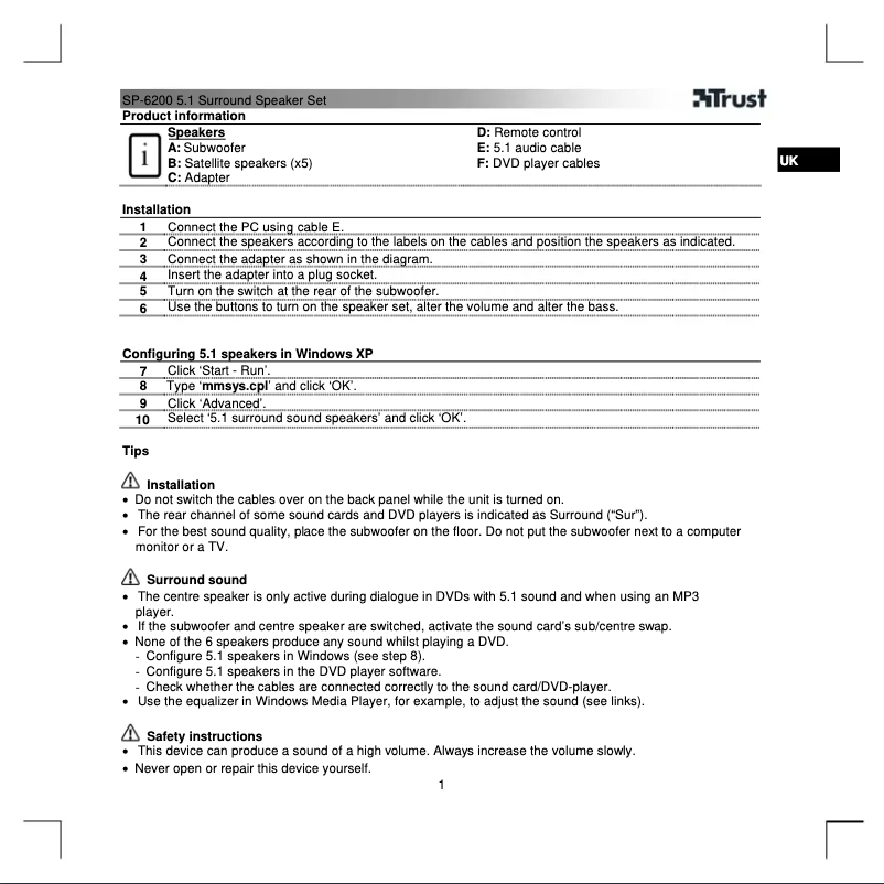 Page 1 de la notice Manuel utilisateur Trust SP-6200