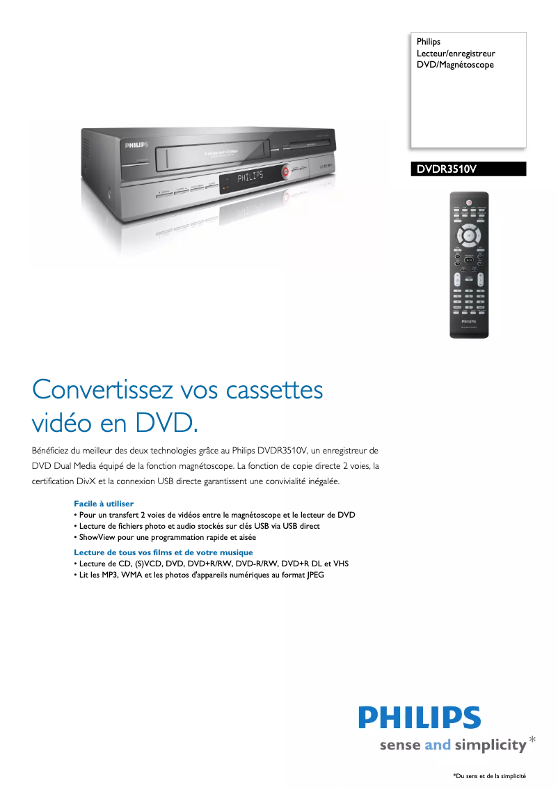 Page n°1 - Fiche technique Philips DVDR3510V