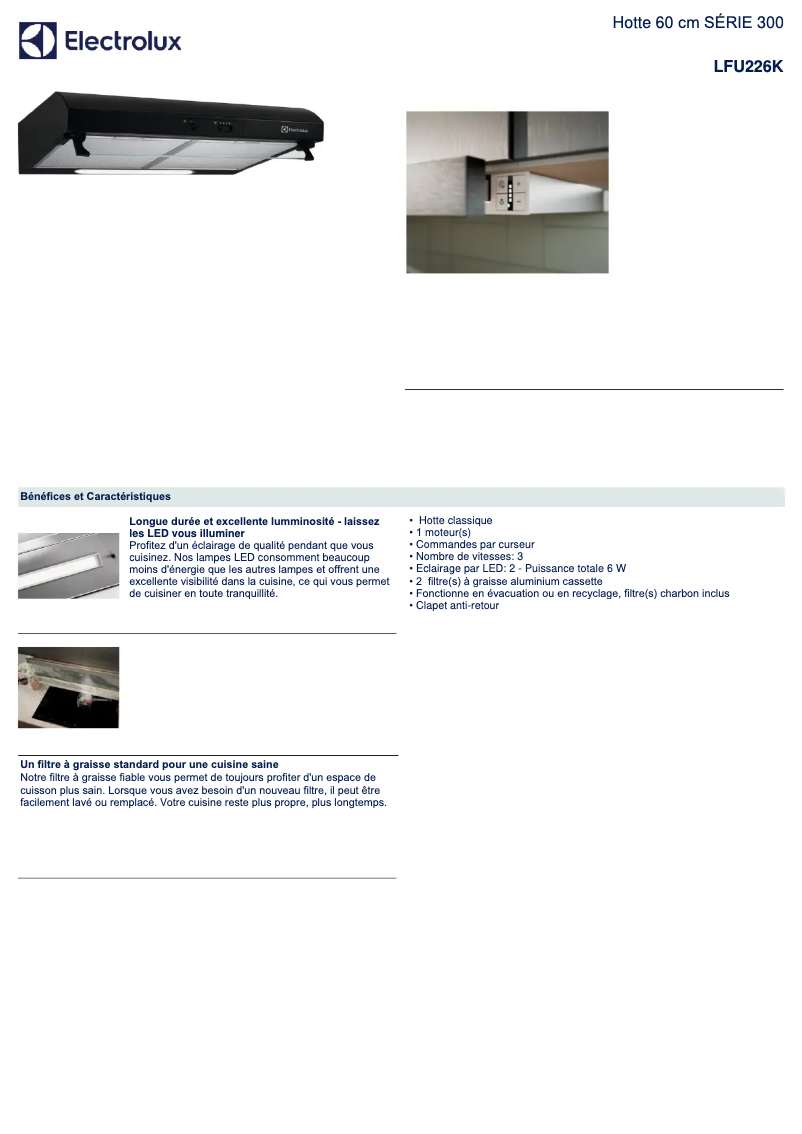 Page 1 de la notice Fiche technique Electrolux LFU226K