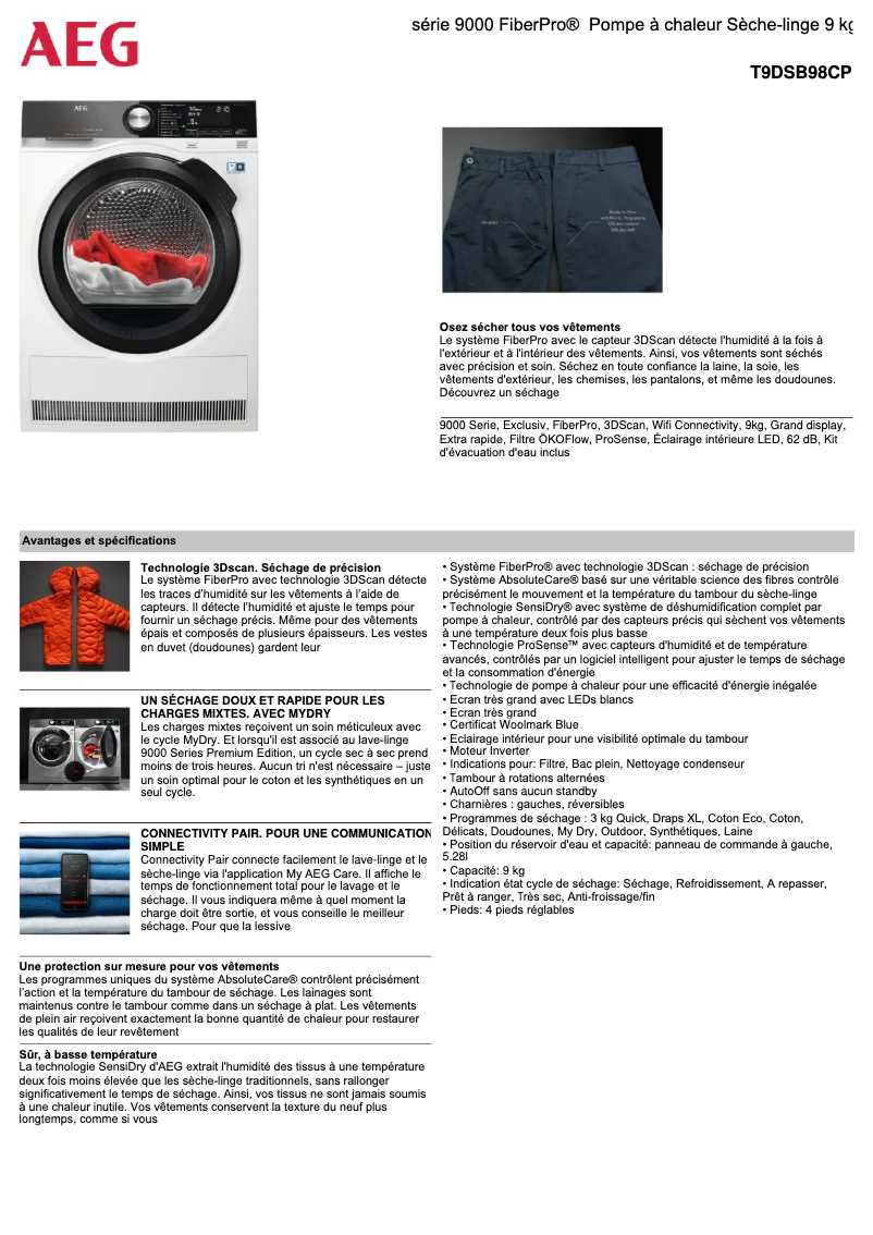 Page n°1 - Fiche technique AEG T9DSB98CP