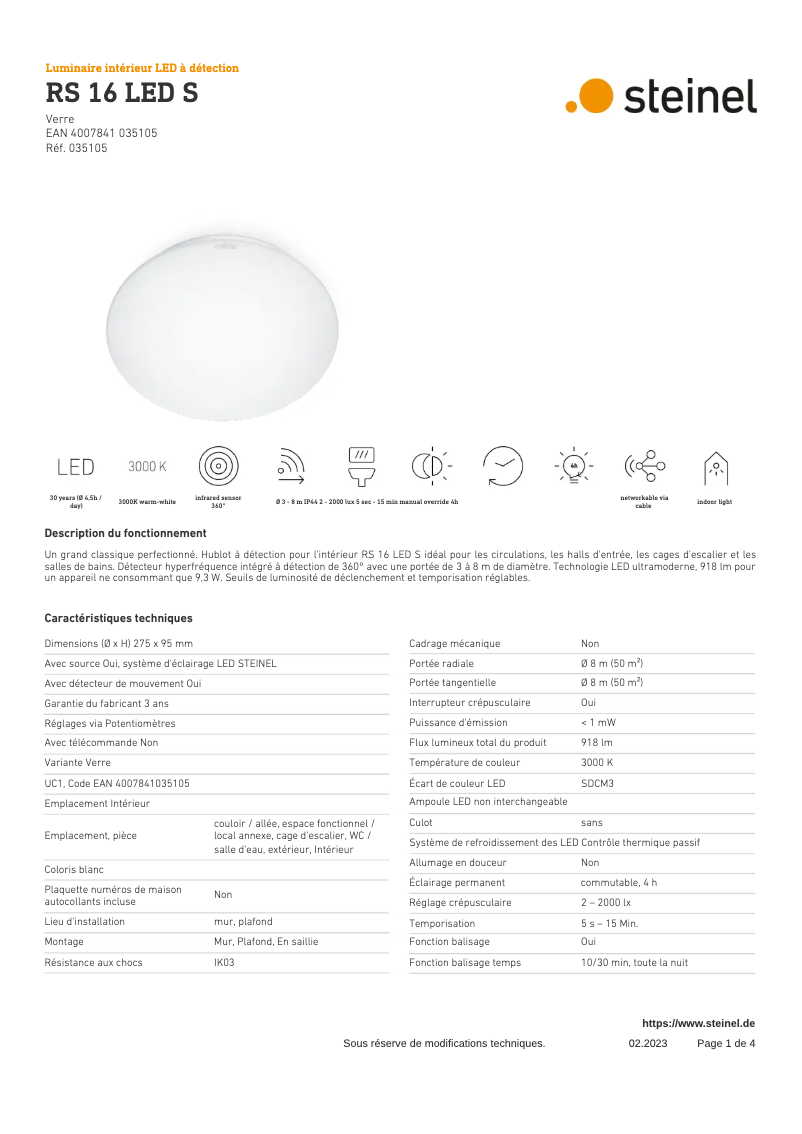 Page 1 de la notice Fiche technique Steinel RS 16 S