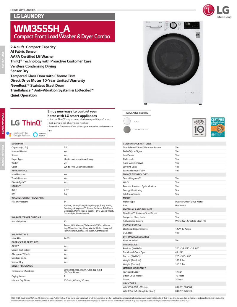 Page n°1 - Fiche technique LG WM3555HWA