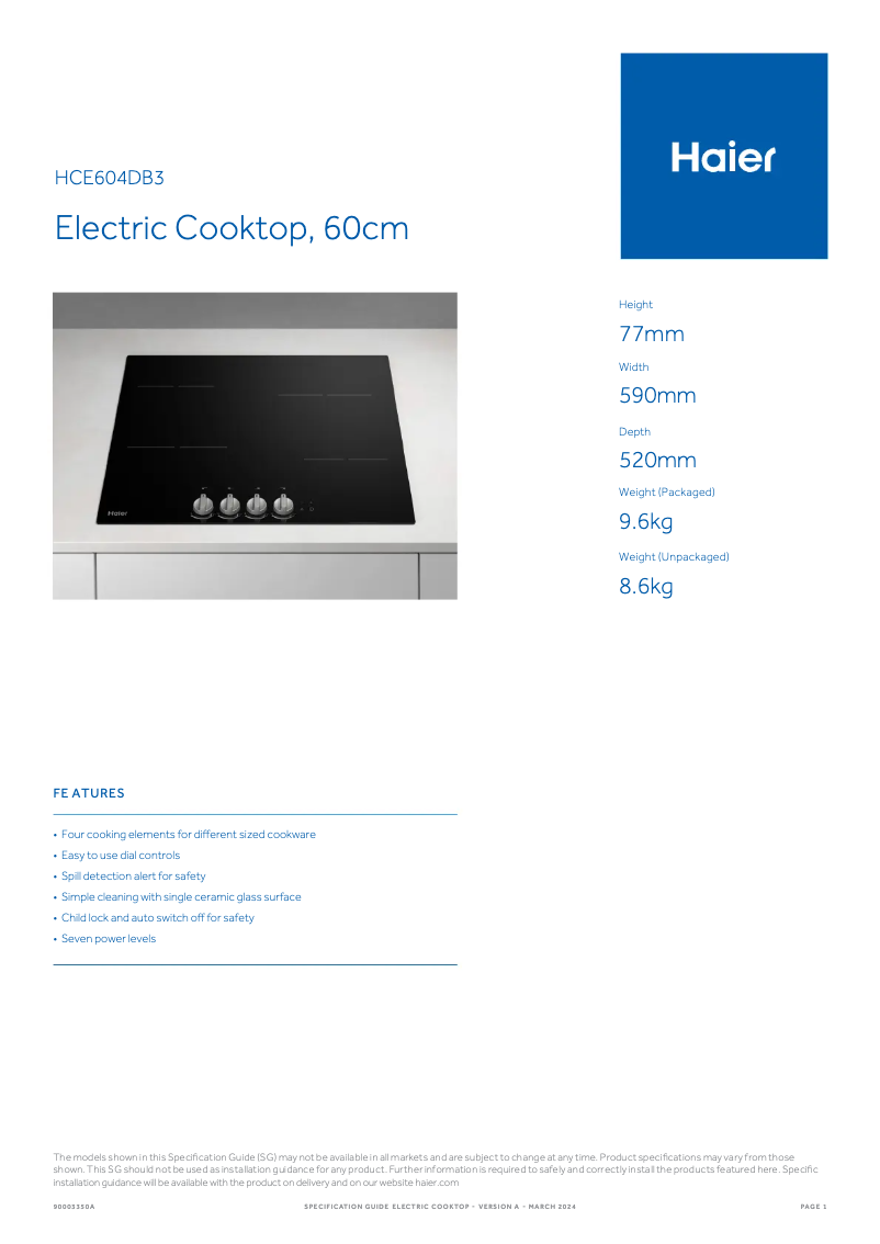 Page n°1 - Fiche technique Haier HCE604DB3