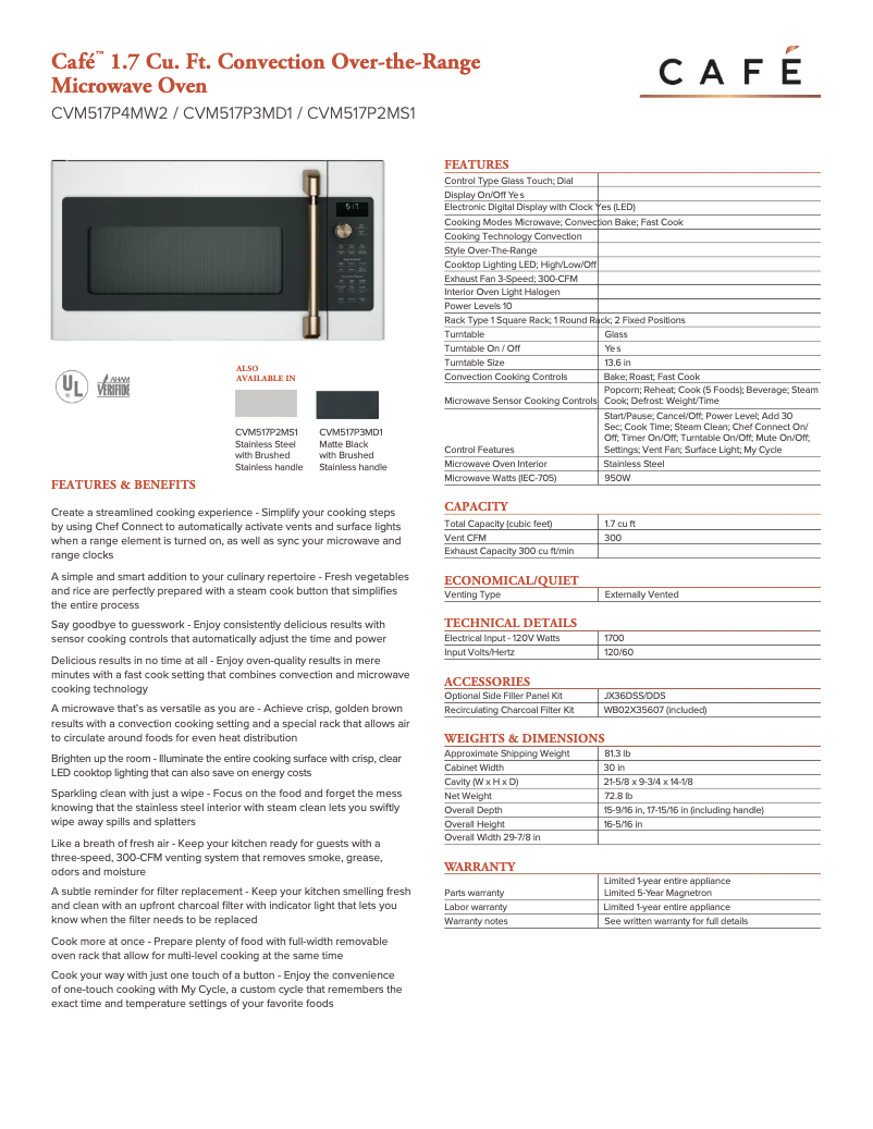 Page n°1 - Fiche technique GE Café CVM517P2MS1