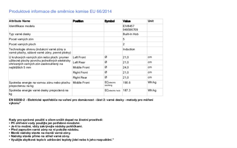 Page 1 de la notice Fiche technique Electrolux EIV8457