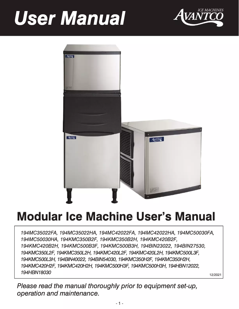 Page n°1 - Manuel utilisateur Avantco Ice KMC-350-L2H