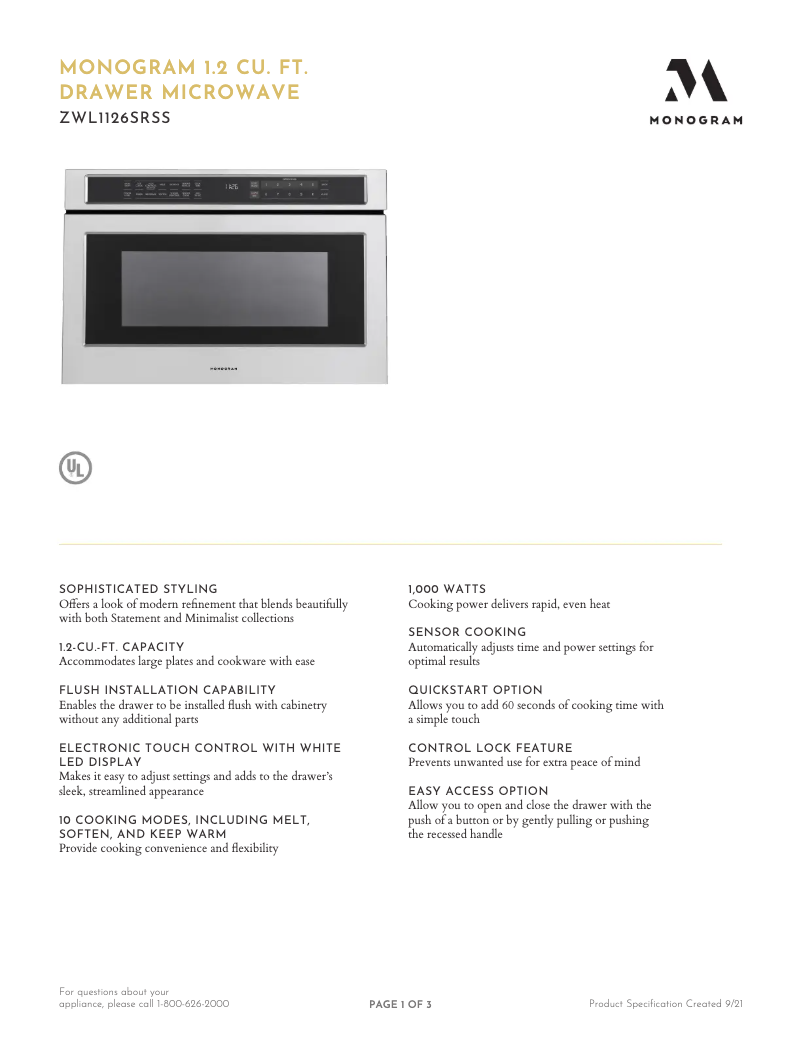 Page n°1 - Fiche technique Monogram ZWL1126SR