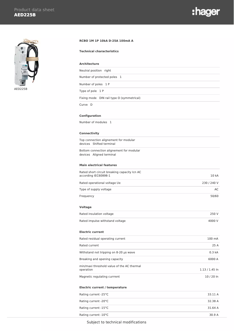 Page n°1 - Fiche technique Hager AED225B