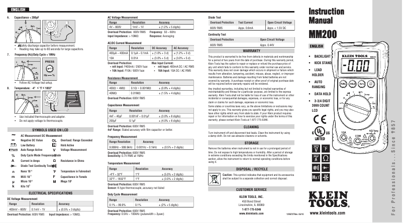 Page n°1 - Manuel utilisateur Klein Tools MM200