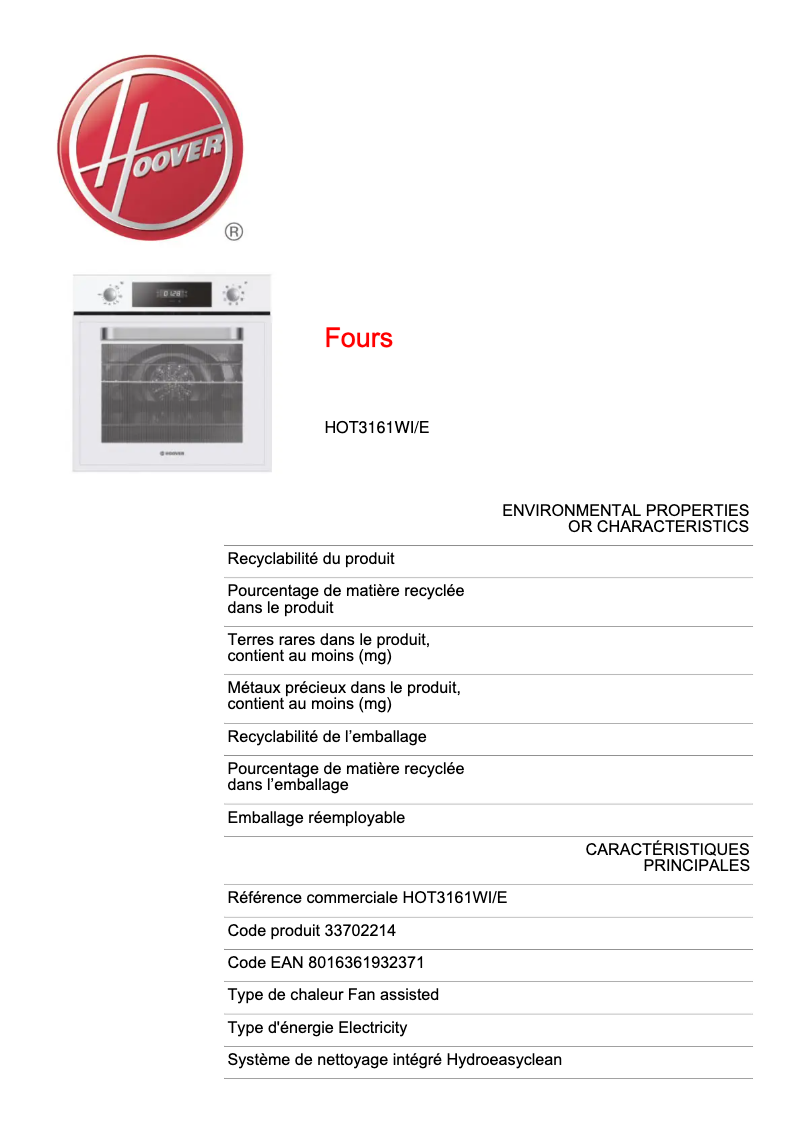 Page 1 de la notice Fiche technique Hoover HOT3161WI/E