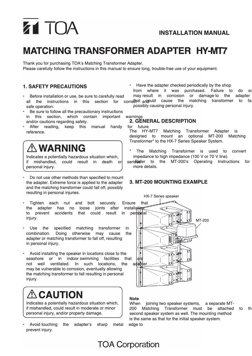 Page 1 de la notice Manuel utilisateur TOA HY-MT7