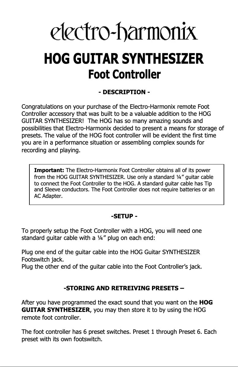 Page n°1 - Manuel utilisateur Electro Harmonix HOG Foot Controller