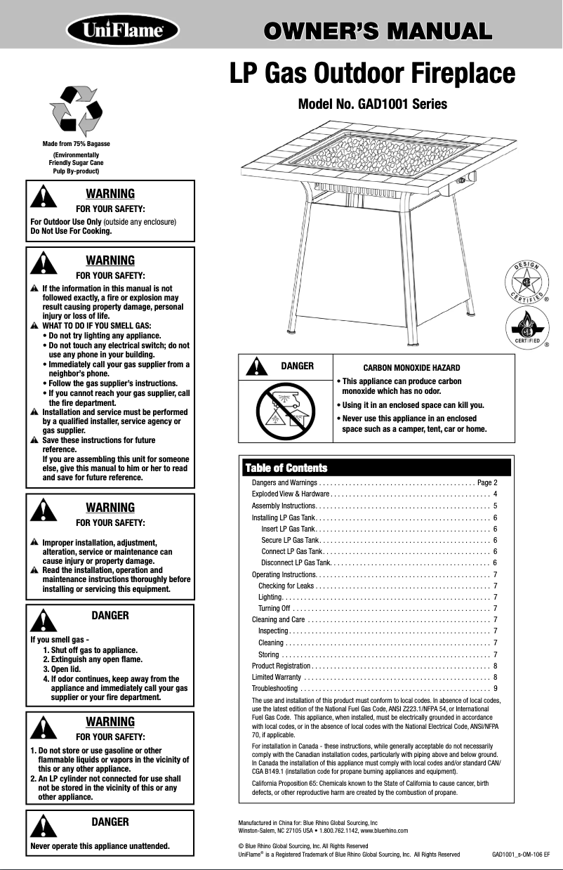 Page 1 de la notice Manuel utilisateur Blue Rhino GAD1001B