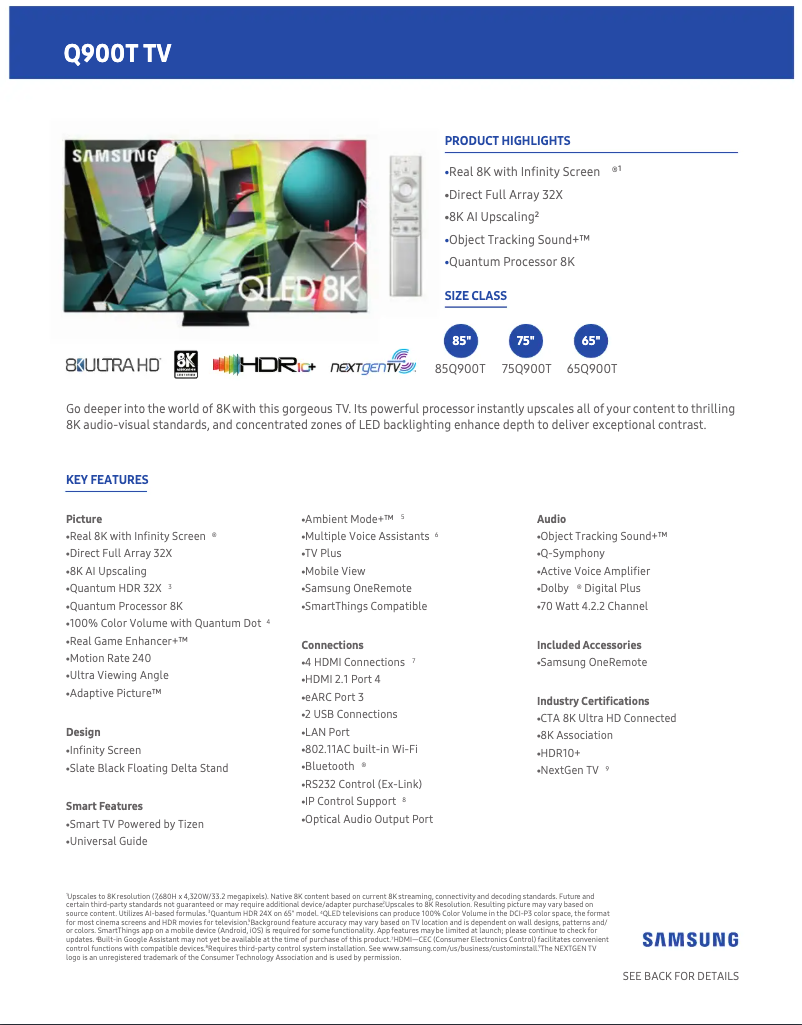 Page 1 de la notice Fiche technique Samsung QN85Q900TSFXZA