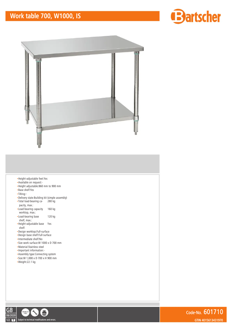 Page 1 de la notice Fiche technique Bartscher 601710
