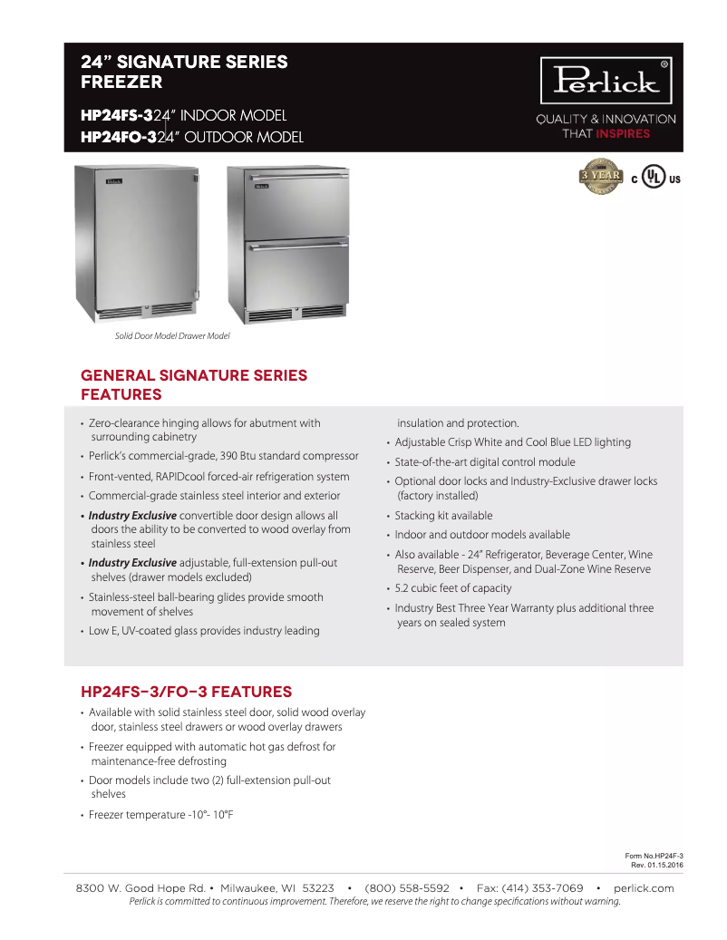 Página 1 del manual Ficha técnica Perlick HP24FO-3-1R