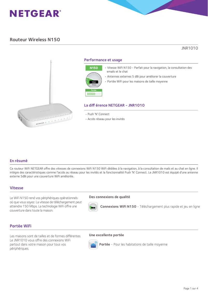 Page 1 de la notice Fiche technique Netgear JNR1010v2