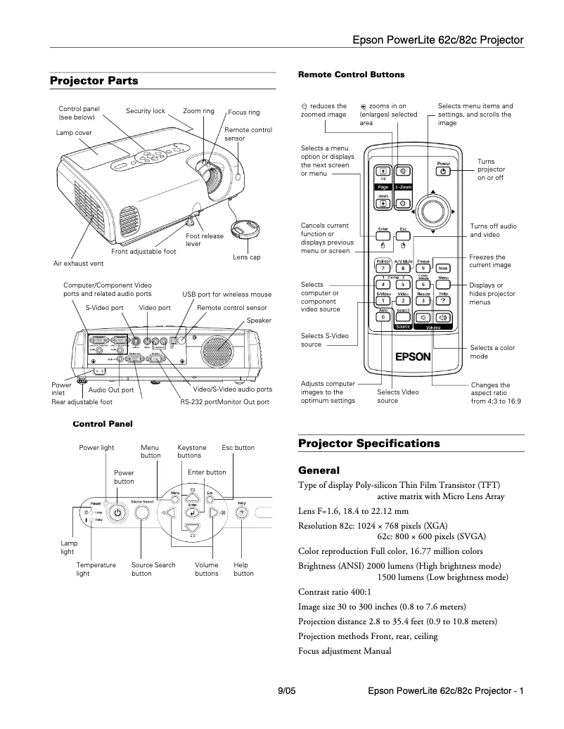 Page 1 de la notice Fiche technique Epson PowerLite 62c