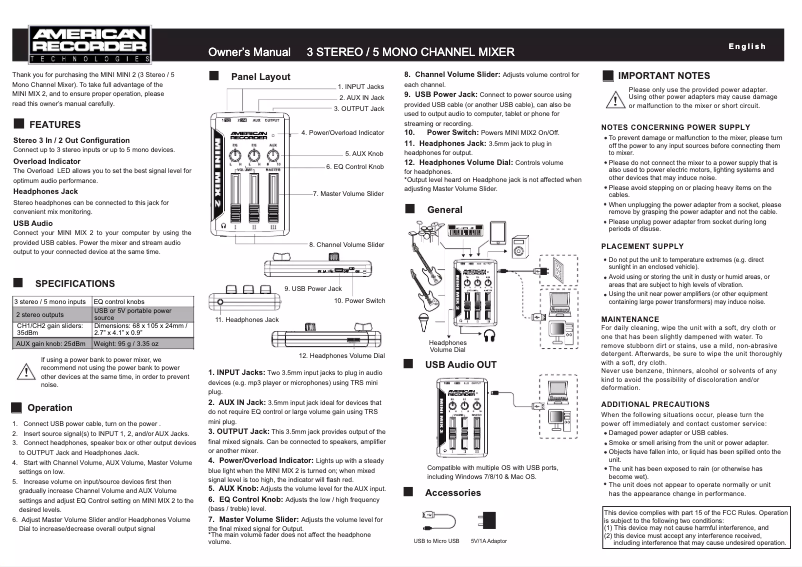 Page 1 de la notice Manuel utilisateur American Recorder Mini Mix 2