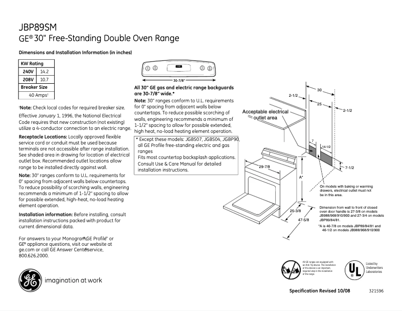Page n°1 - Fiche technique GE JBP89SMSS