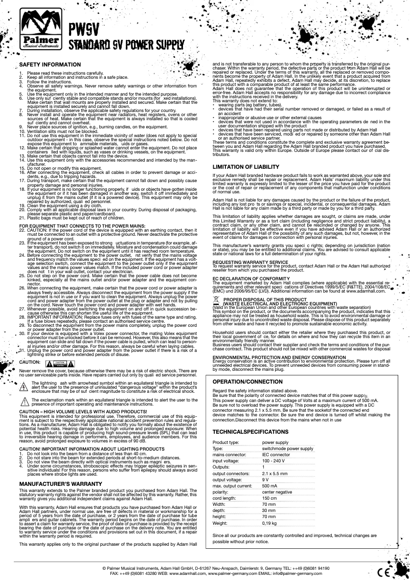 Page 1 de la notice Manuel utilisateur Palmer PW9V