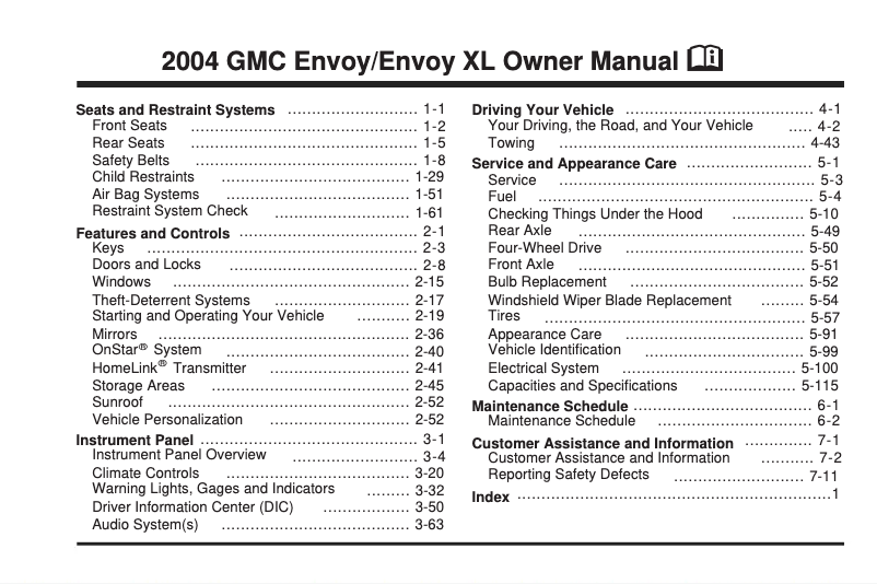 Page 1 de la notice Manuel utilisateur GMC Envoy (2004)