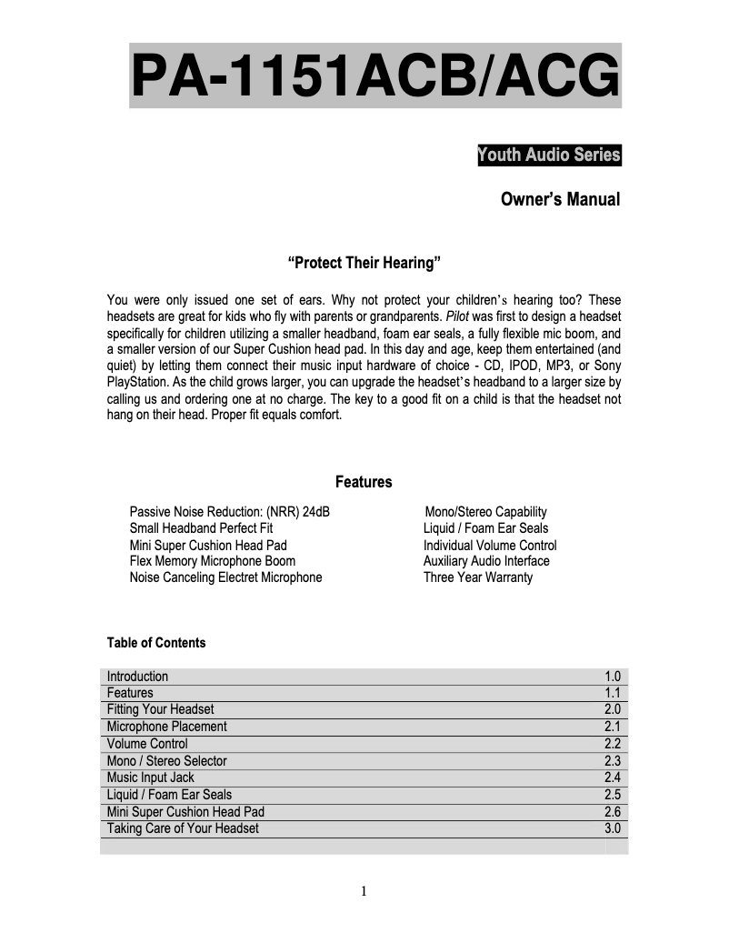 Page 1 de la notice Manuel utilisateur Pilot PA-1151ACG