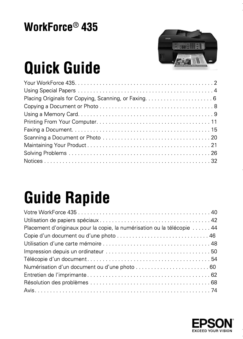 Page 1 de la notice Manuel utilisateur Epson WorkForce 435