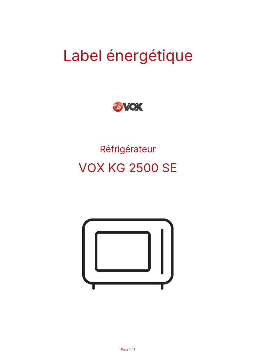 Page n°1 - Label énergétique VOX KG 2500 SE