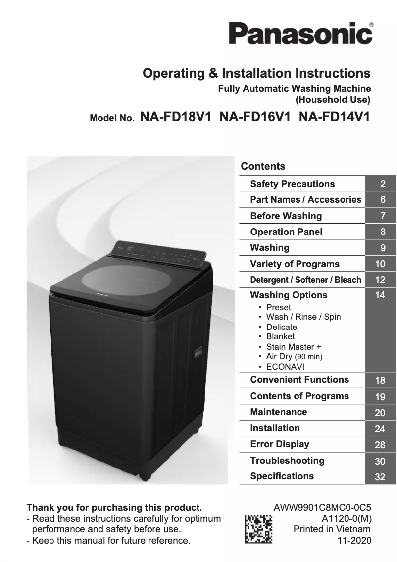 Page n°1 - Manuel utilisateur Panasonic NA-FD16V1