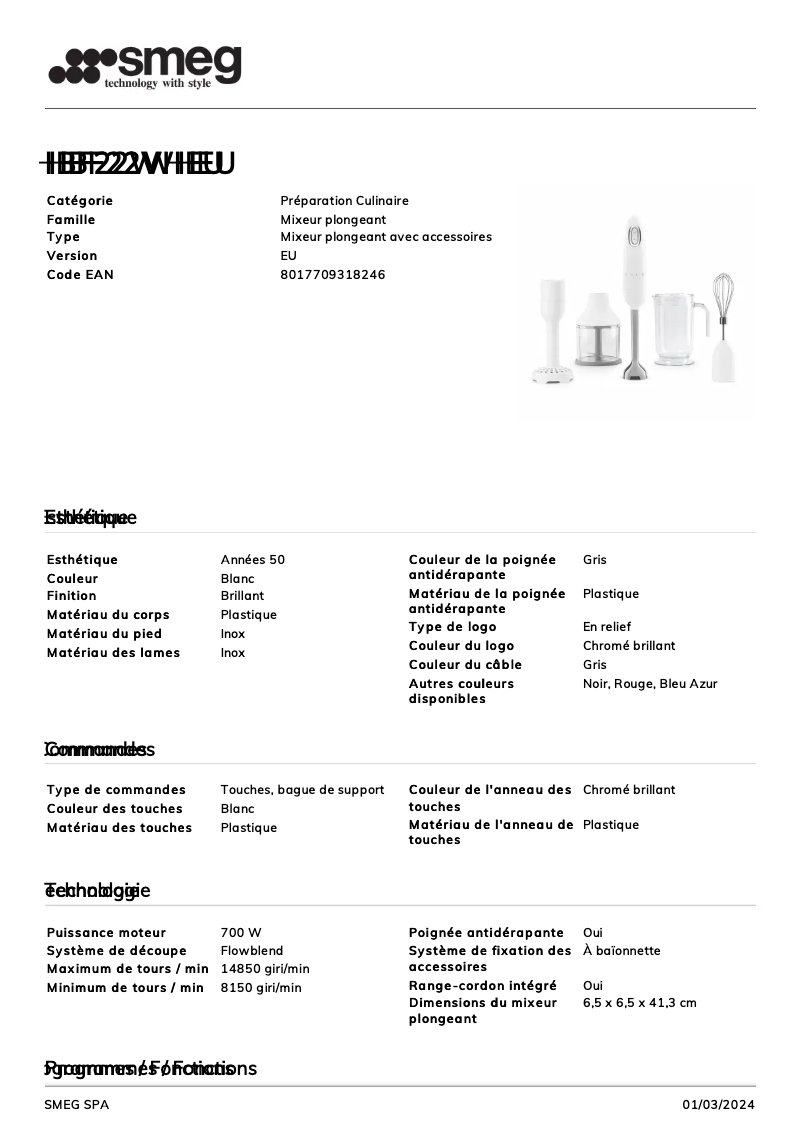 Page 1 de la notice Fiche technique Smeg HBF22WHEU